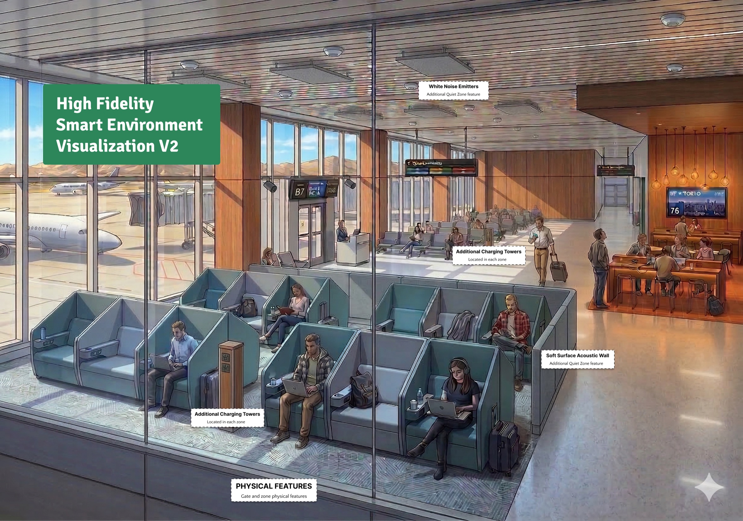 V2 render of the smart environment after design feedback: white noise emitters above the Quiet Zone, a soft-surface acoustic wall, and additional charging towers in each zone.